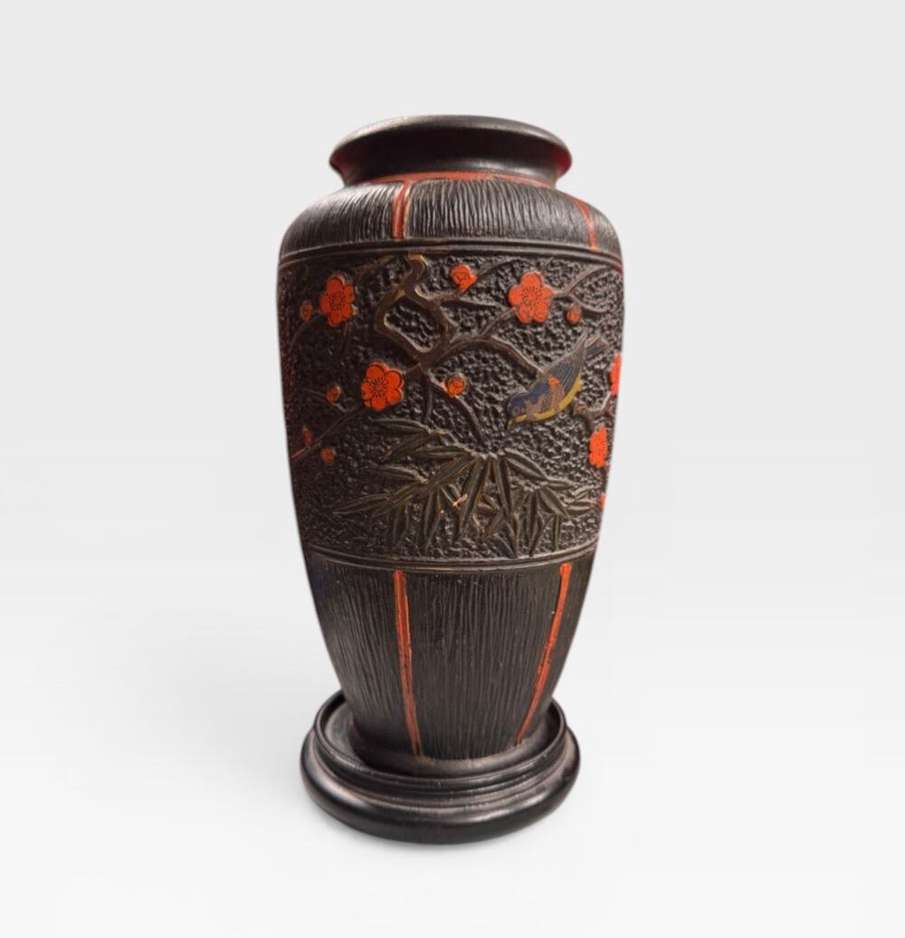 Vintage Japanese Tokanabe Ware Black Red Pottery Vase Birds Japan Hand Painted